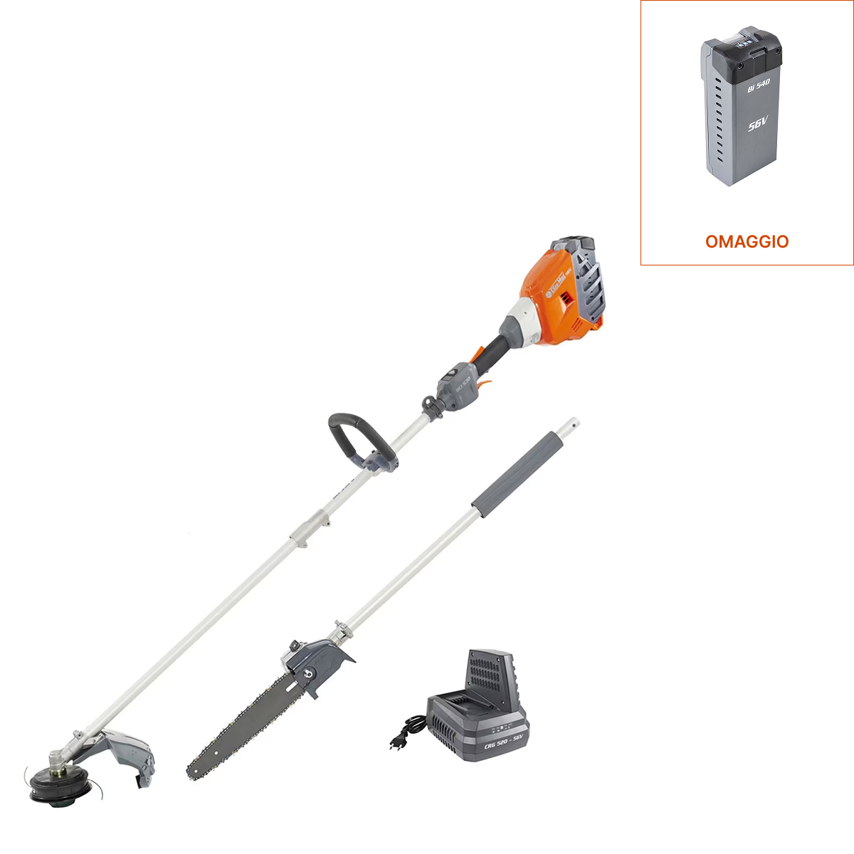 Oleo-Mac BCi 530 D con batteria Bi 540, caricabatterie CRG 520, decespugliatore e potatore